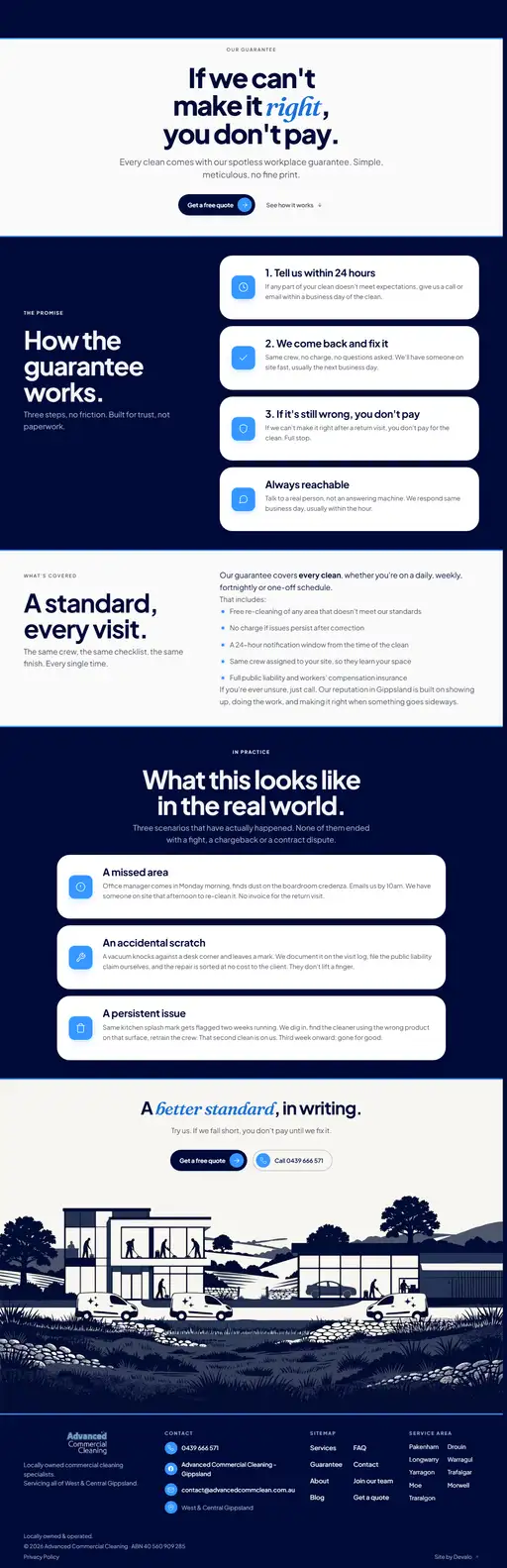 The guarantee page, setting out what the business promises and what happens if a clean is not right.