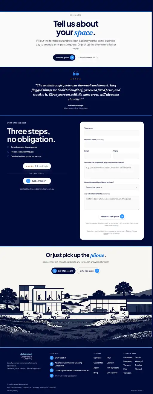 The quote page: a headline reading Tell us about your space, a client testimonial, and a quote form asking for name, business, email and phone.