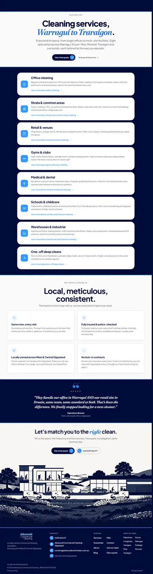 The services index, listing the nine cleaning services the business offers, each linking to its own page.